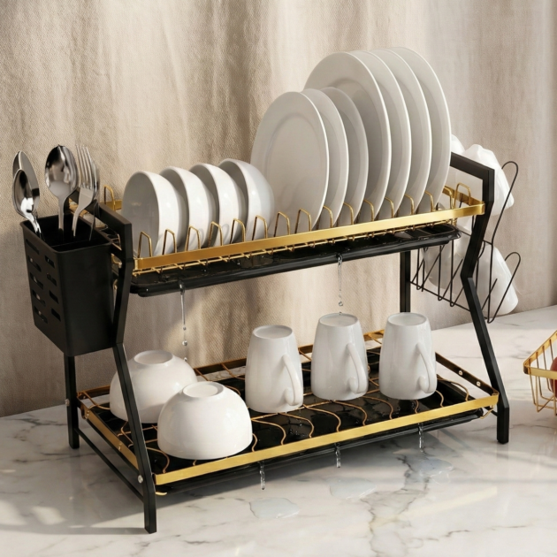 حامل الأواني بالذهبي و الأسود طابقين